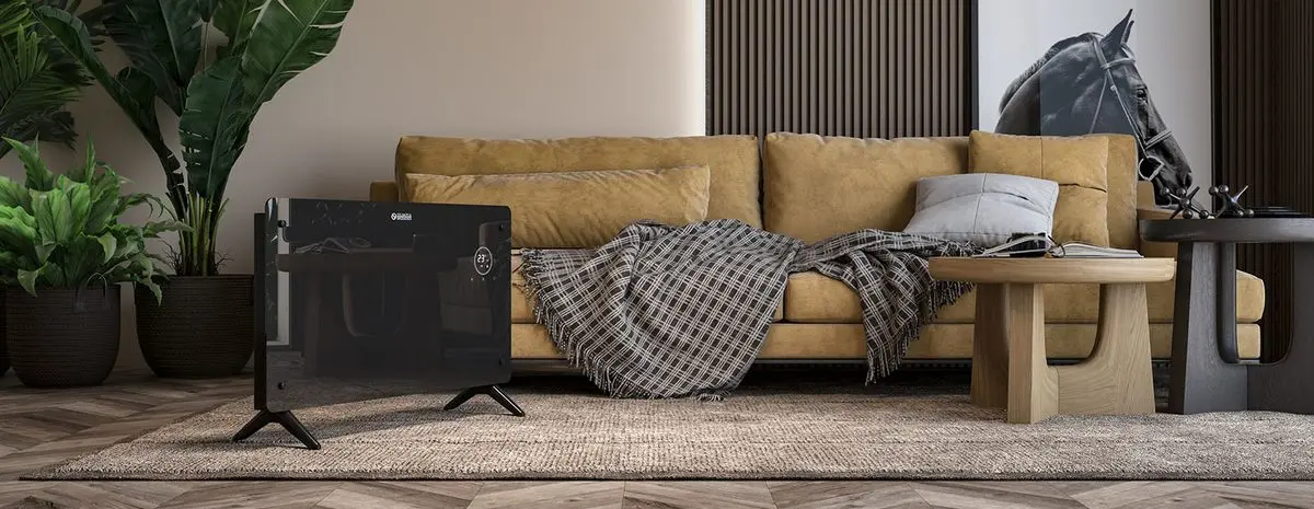 Olimpia Splendid Caleo Glass WiFi convector vrijstaand op de meegeleverde voetjes