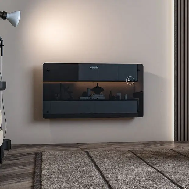 Olimpia Splendid Caleo Glass WiFi convector met zwart glazen front aan de wand