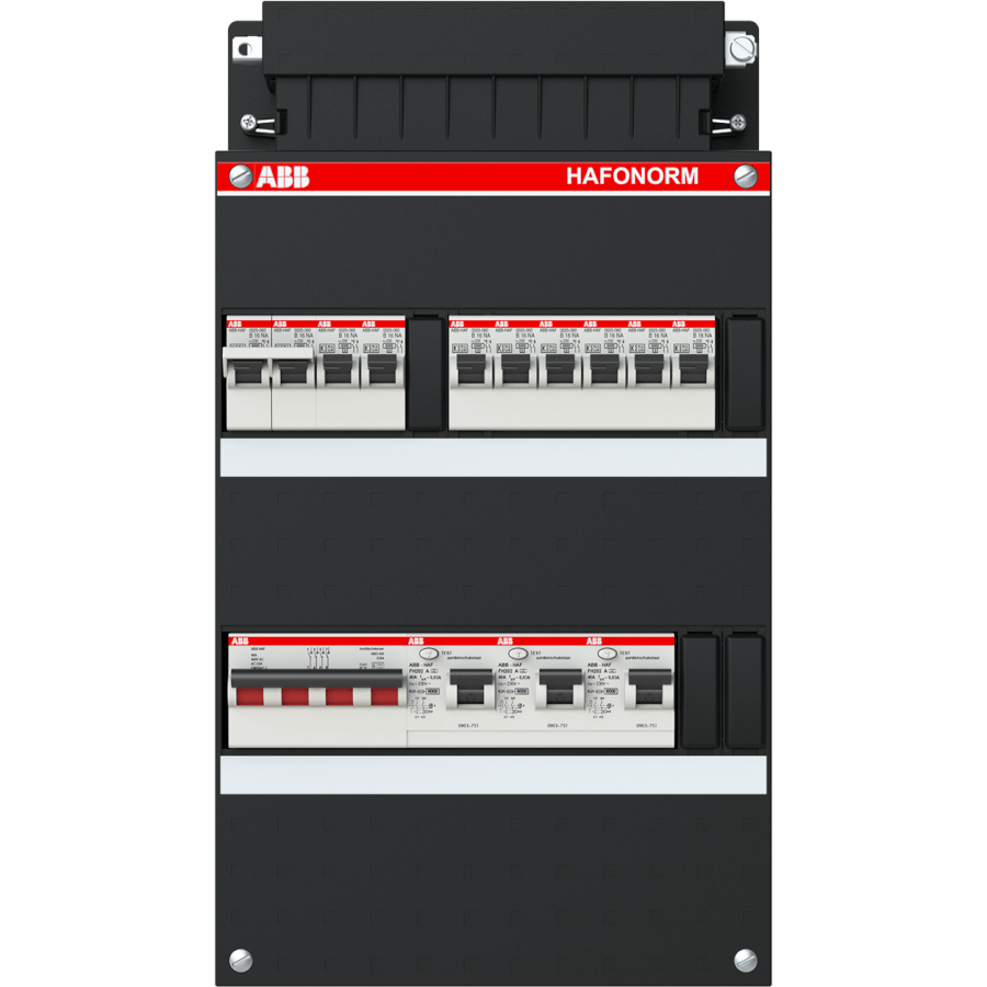 ABB Hafonorm 3-fase groepenkast met 8 groepen, 3 aardlekschakelaars, 4-polige hoofdschakelaar en 1-fase kookgroep
