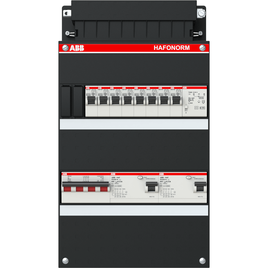 ABB Hafonorm 3-fase groepenkast met 8 groepen, 2 aardlekschakelaars, 4-polige hoofdschakelaar en beltrafo