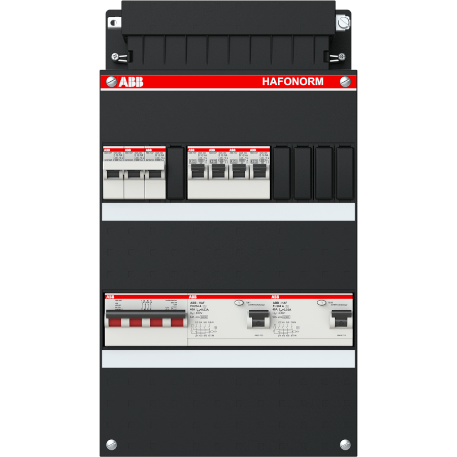 ABB Hafonorm 3-fase groepenkast met 4 groepen, 2 aardlekschakelaars, 4-polige hoofdschakelaar en 3-fase kookgroep