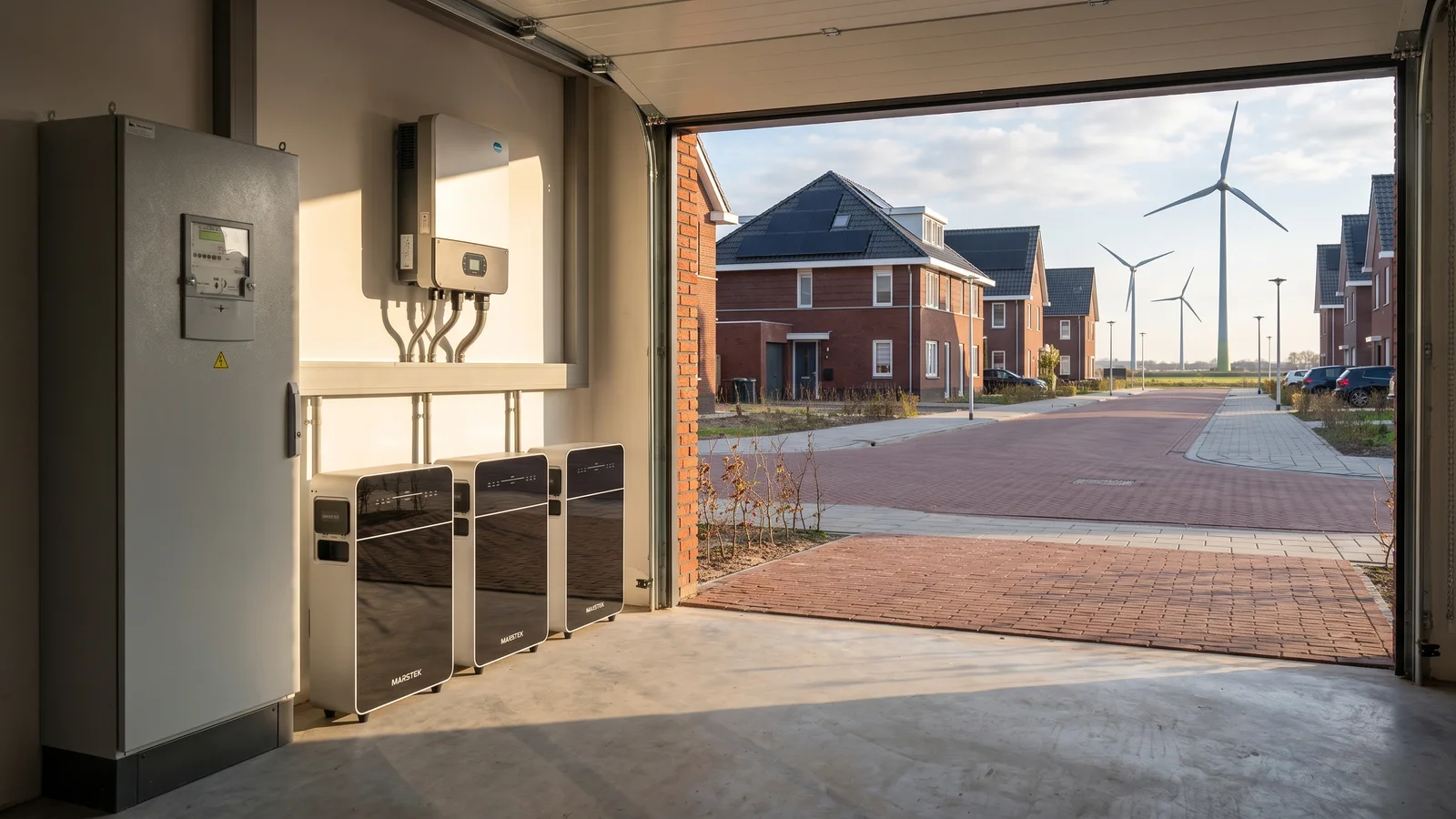 Drie Marstek Venus E 3.0 thuisbatterijen naast de meterkast in een Flevolandse nieuwbouwwoning
