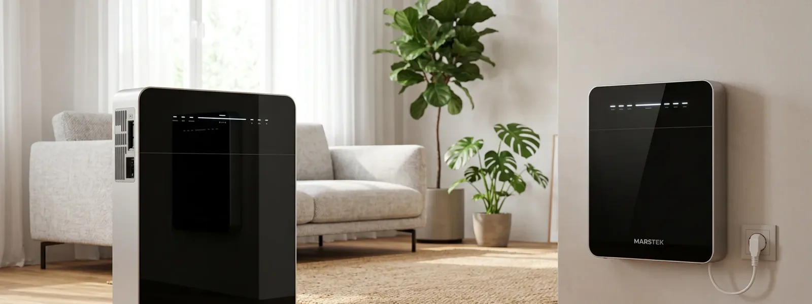 Marstek Venus E en Venus E Mini thuisbatterij in een woonkamer