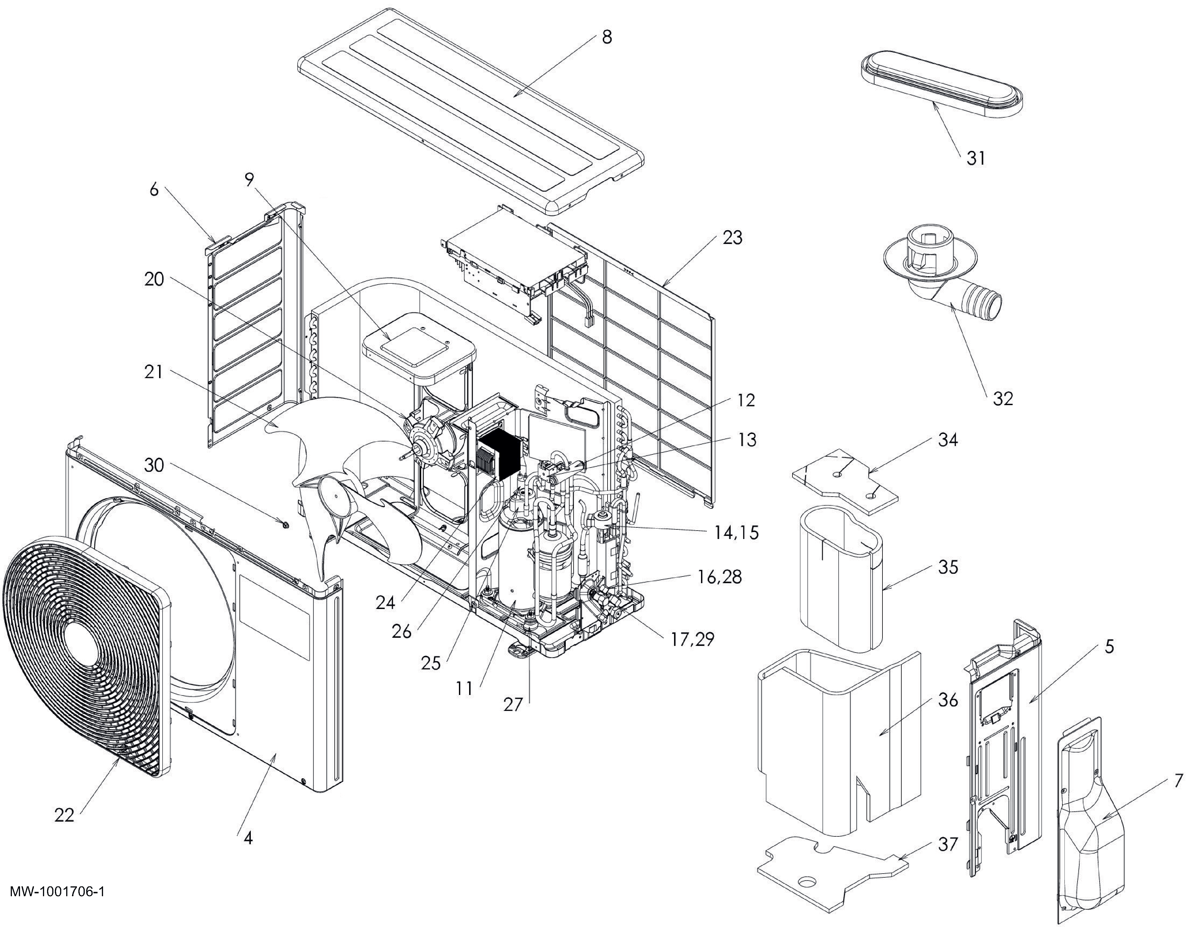 Remeha Elga Ace AWHPT buitenunit 4kW exploded tekening