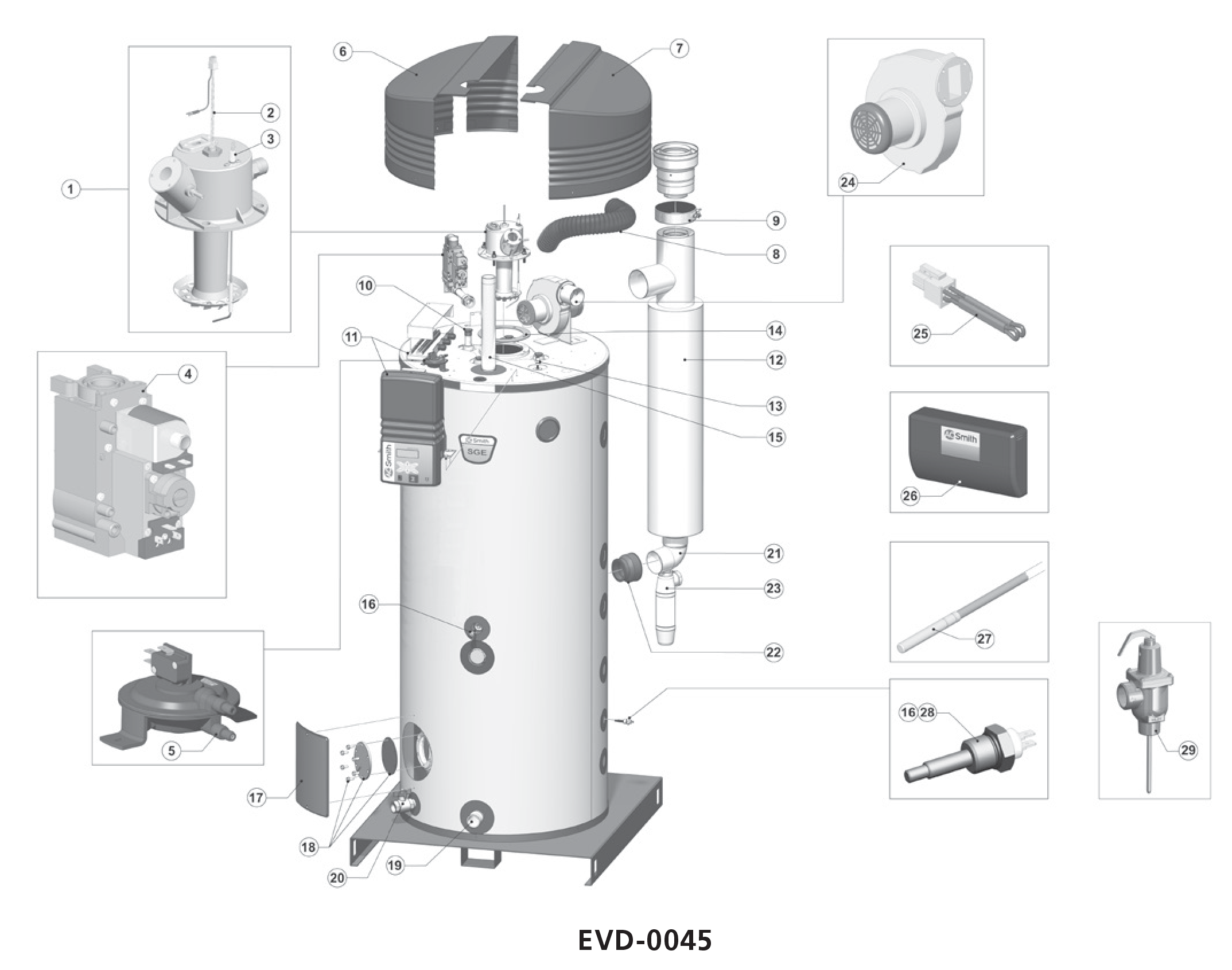 A.O. Smith SGE 40 (tot 01-09-1990) exploded tekening