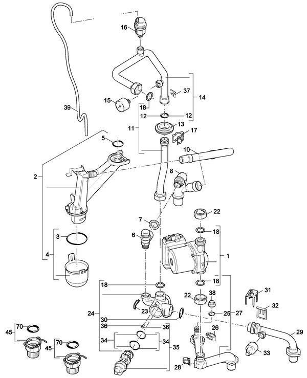 Exploded view Nefit (Bosch) 9000i HR35 Solo Zwart: Pomp leidingen