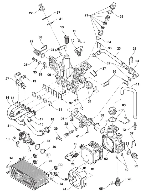 Exploded view Vaillant ecoTEC exclusive VHR 34/43 CF/1-7: Hydraulikdelen hydroblock