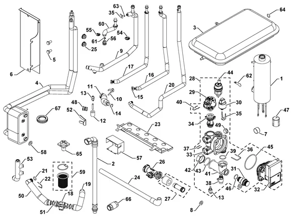 Exploded view Remeha WPR-2/E V200 11-16kW: Hydraulisch circuit