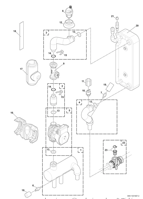 Exploded view Remeha Elga Ace binnenunit 4kW: Hydraulisch circuit