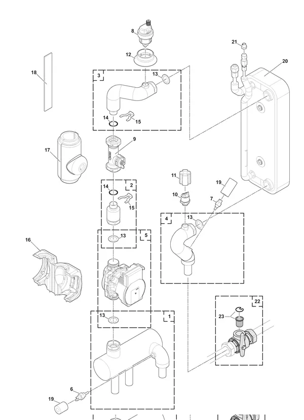 Exploded view Remeha Elga Ace binnenunit 6kW: Hydraulisch circuit