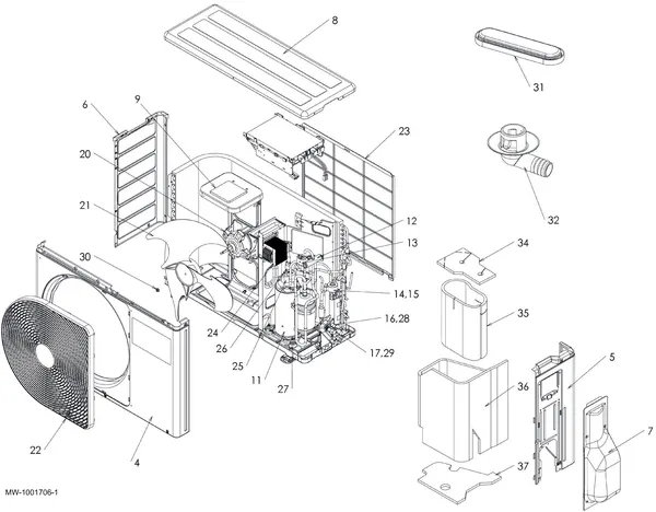 Exploded view Remeha Elga Ace AWHPT buitenunit 4kW: Bemanteling