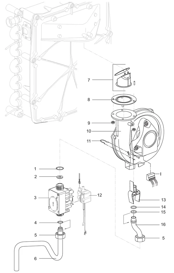 Exploded view Intergas Kompakt Solo HRE 18A: Gasstraat ventilator met tunnelventuri