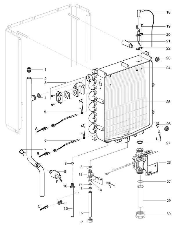 Exploded view Intergas Kompakt Solo HRE 24A: Warmtewisselaar waterzijdig vanaf august