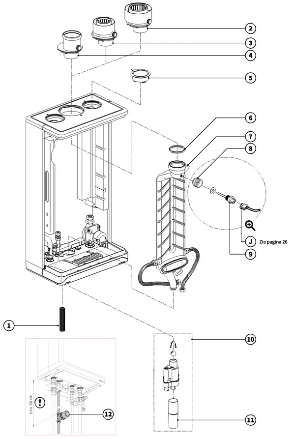 Exploded view Intergas Xtreme 24: Rookgas en condensafvoer