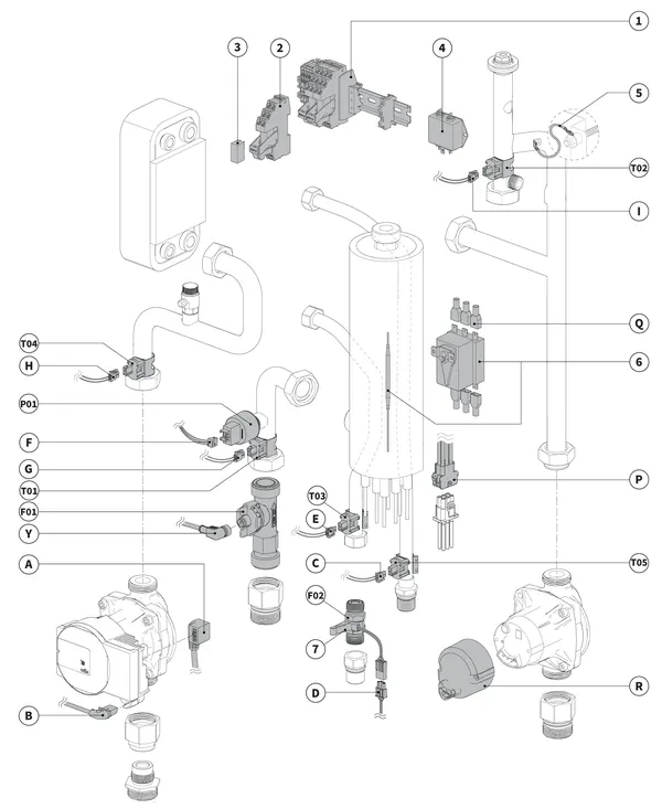 Exploded view Intergas Xource binnenunit: Sensoren elektrische aansluitingen