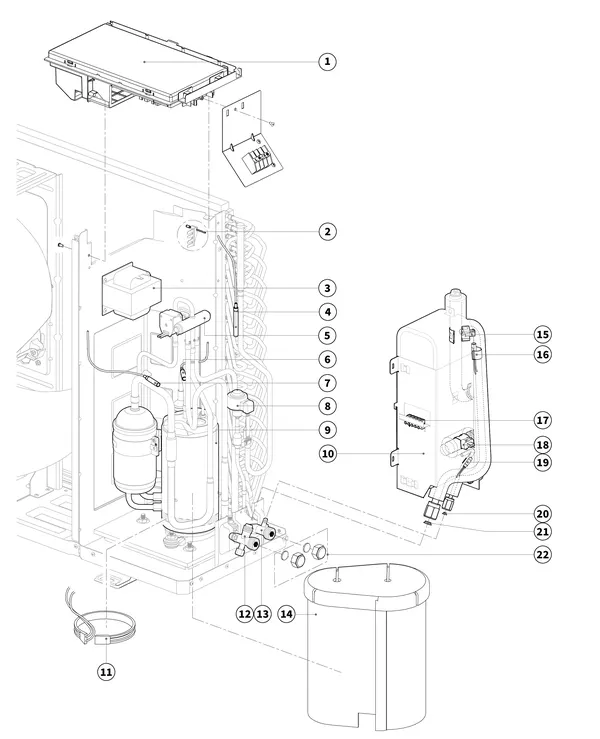 Exploded view Intergas Xtend buitenunit 5kW: Koudemiddelcircuit en printplaat