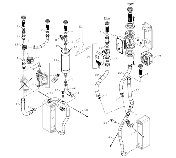 Exploded view Bosch Compress 7000 LW EHP 22-2 LW: Pompgroep 22 28