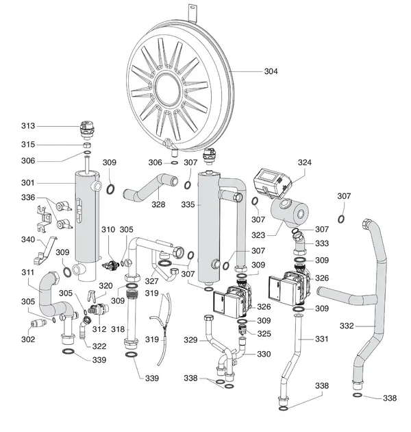 Exploded view Atag IDM 2Z | binnenunit wand: Hydraulische componenten