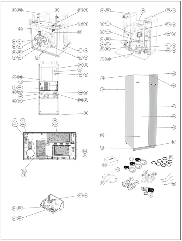 Exploded view Nibe F1145-8 EM 3x230V | 065137: Totaaloverzicht