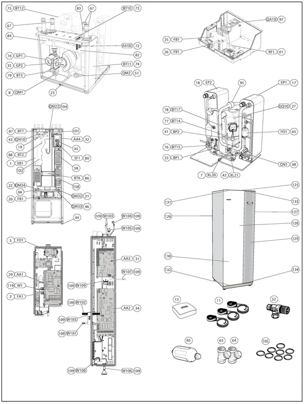 Exploded view Nibe F1245-10 R EM 3x230V (RES065144): Totaaloverzicht