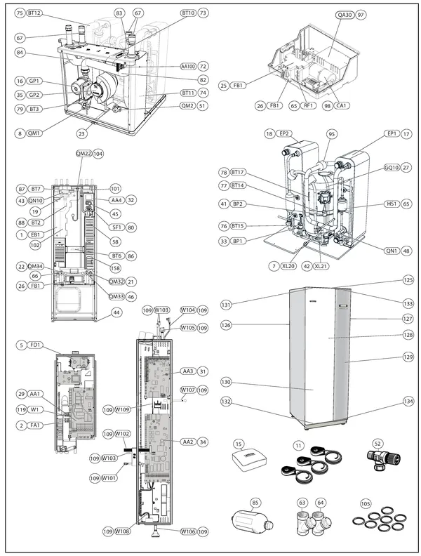 Exploded view Nibe F1245-5 R 1x230V | 065146: Totaaloverzicht