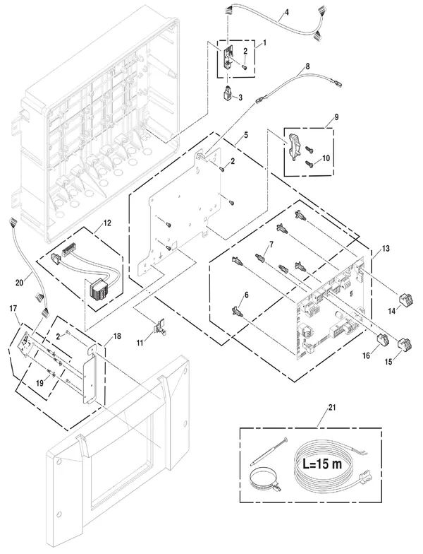 Exploded view Remeha Elga Ace Control Box monoblock: Kabelbomen en printplaten