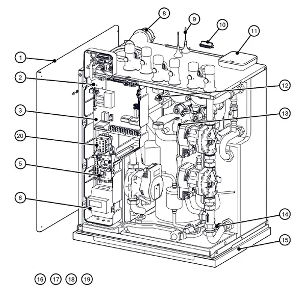 Exploded view Itho Daalderop 5e generatie WPU 55-I (03-00685): Behuizing elektronica sensoren