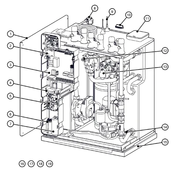 Exploded view Itho Daalderop 5e generatie WPU 35-C (03-00689): Behuizing elektronica sensoren