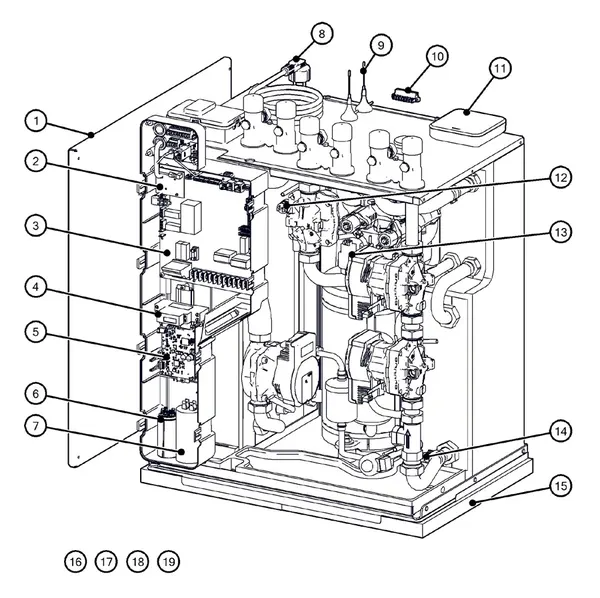 Exploded view Itho Daalderop 5e generatie WPU 25-KC (03-00694): Behuizing elektronica sensoren
