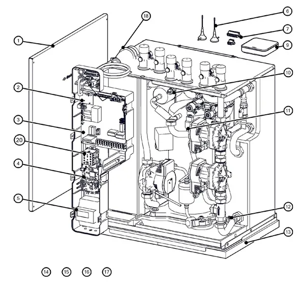 Exploded view Itho Daalderop 5e generatie WPU 75-KC (03-00699): Behuizing elektronica sensoren