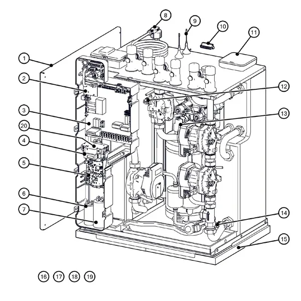 Exploded view Itho Daalderop 5e generatie WPU 25-E (03-00700): Behuizing elektronica sensoren