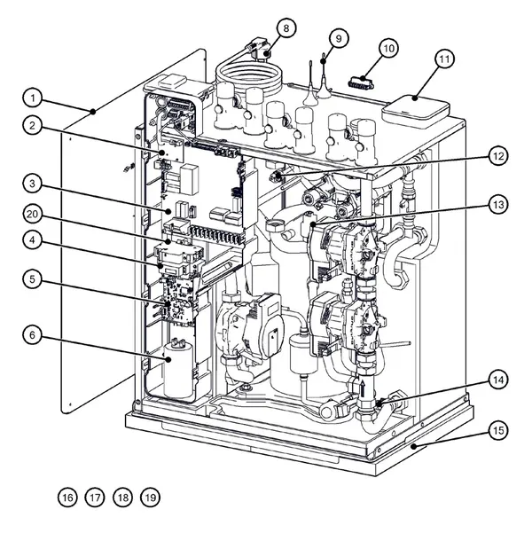 Exploded view Itho Daalderop 5e generatie WPU 45-E (03-00702): Behuizing elektronica sensoren