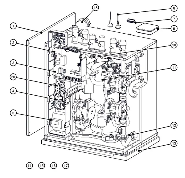 Exploded view Itho Daalderop 5e generatie WPU 75-E (03-00705): Behuizing elektronica sensoren