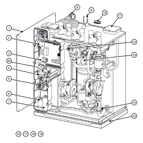 Exploded view Itho Daalderop 5e generatie WPU 35-COE (03-00707): Behuizing elektronica sensoren