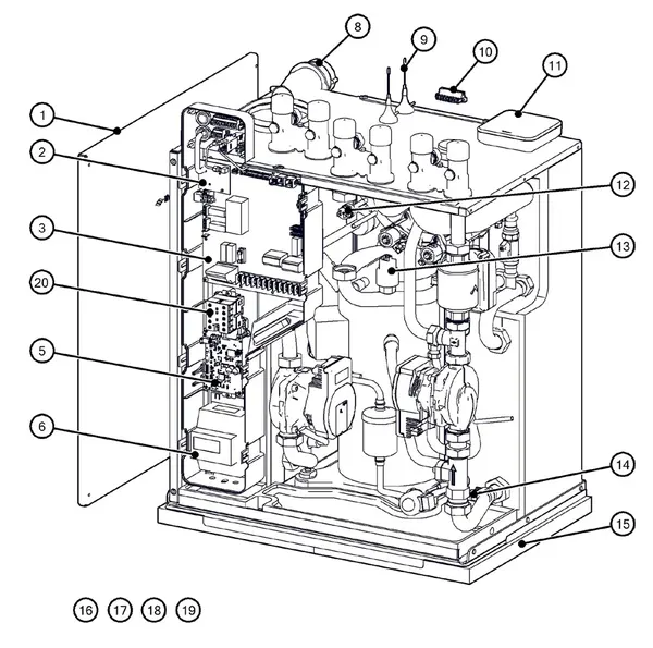 Exploded view Itho Daalderop 5e generatie WPU 55-COE (03-00709): Behuizing elektronica sensoren