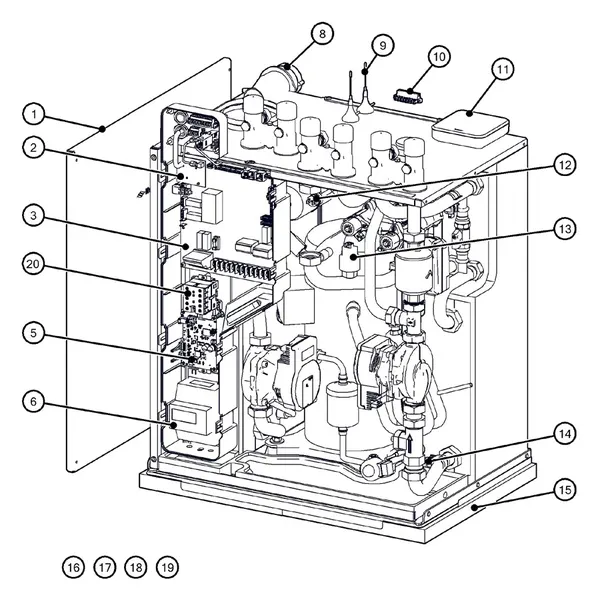 Exploded view Itho Daalderop 5e generatie WPU 65-COE (03-00710): Behuizing elektronica sensoren