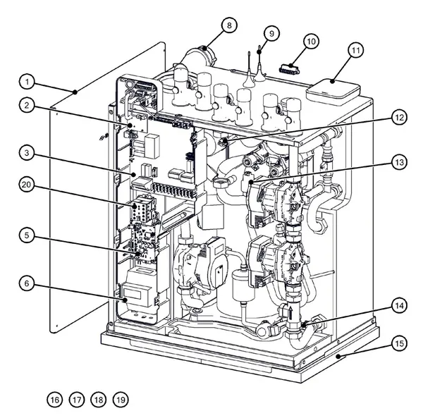 Exploded view Itho Daalderop 5e generatie WPU 65-GE (03-00757): Behuizing elektronica sensoren