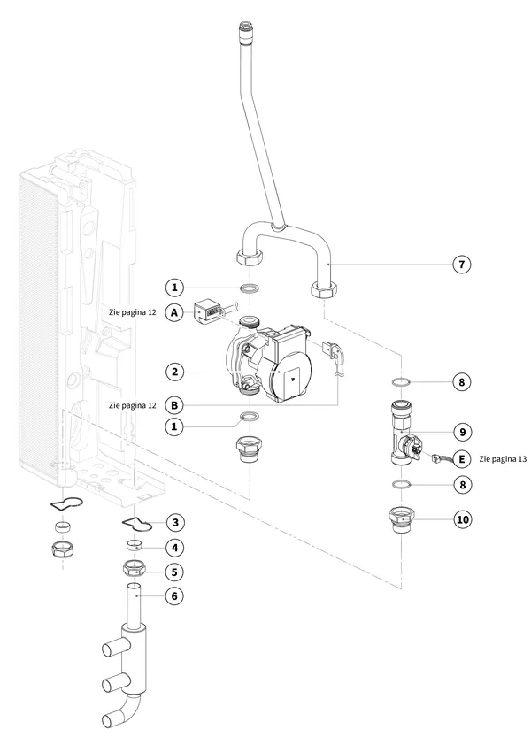 Exploded view Intergas Xtend Mono binnenunit: Hydraulisch circuit