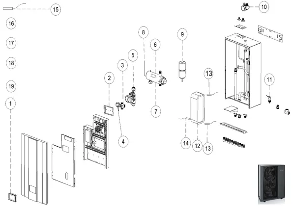 Exploded view Itho Daalderop HP-S 130 binnendeel: Totaaloverzicht