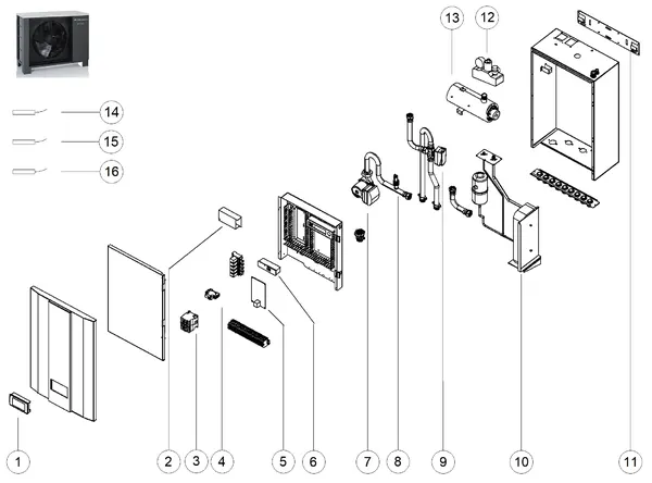 Exploded view Itho Daalderop HP-S 55 binnendeel: Totaaloverzicht