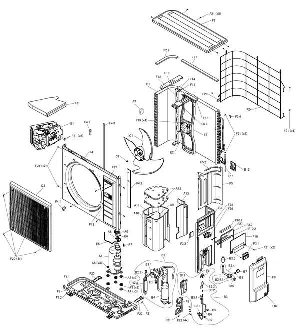 Exploded view Daikin 3 R - ERGA08EAV3H7 | buitendeel 8kW: Interne componenten