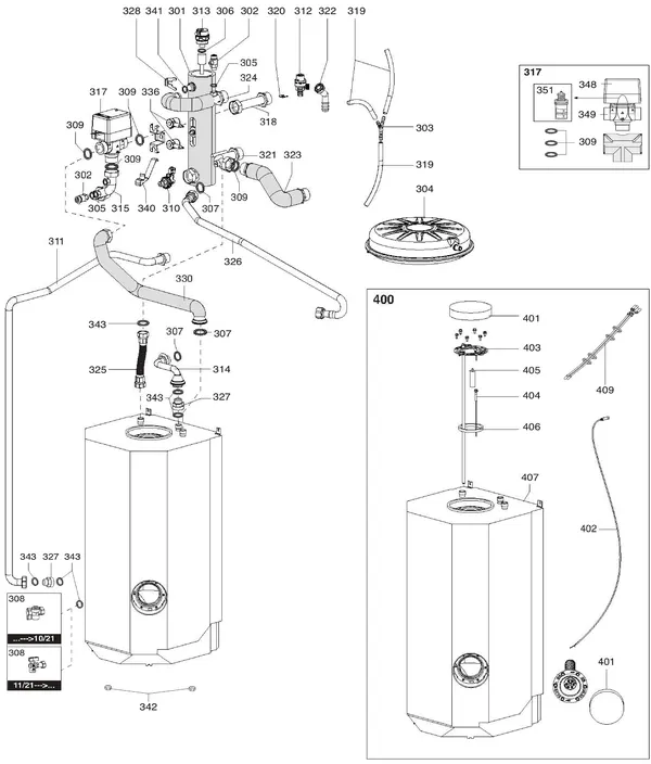 Exploded view Atag IDM F | binnenunit staand: Hydraulische componenten