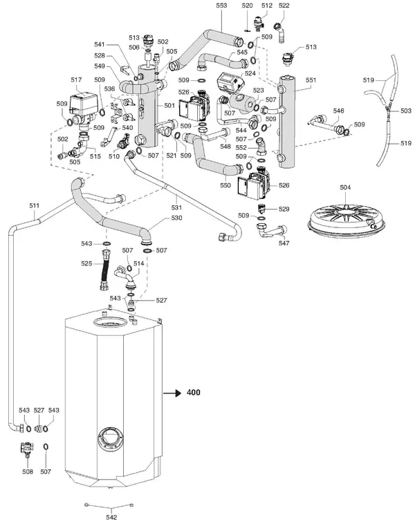 Exploded view Atag IDM F 2Z | binnenunit staand: Hydraulische componenten