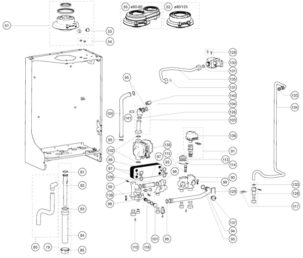 Exploded view Atag P35EC iCon2: Achterwand en hydraulische componenten