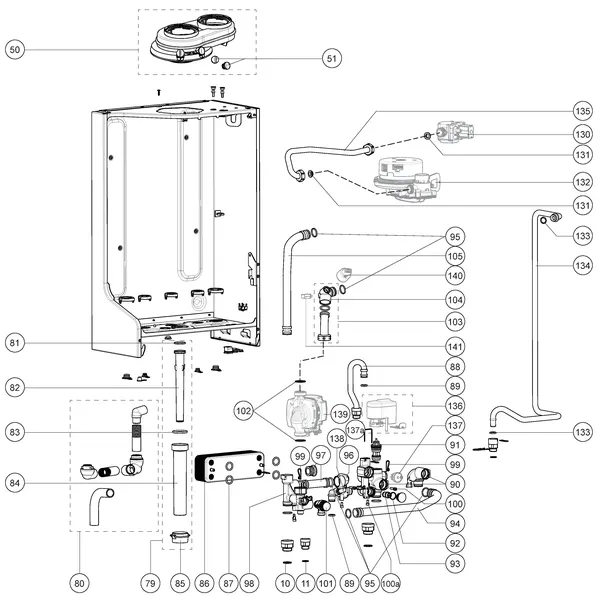 Exploded view Atag i20C iCon1: Achterwand en hydraulische componenten