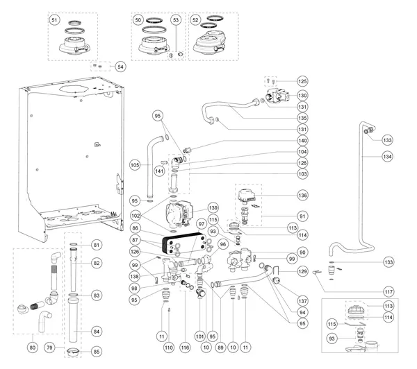 Exploded view Atag P28C iCon2: Achterwand en hydraulische componenten