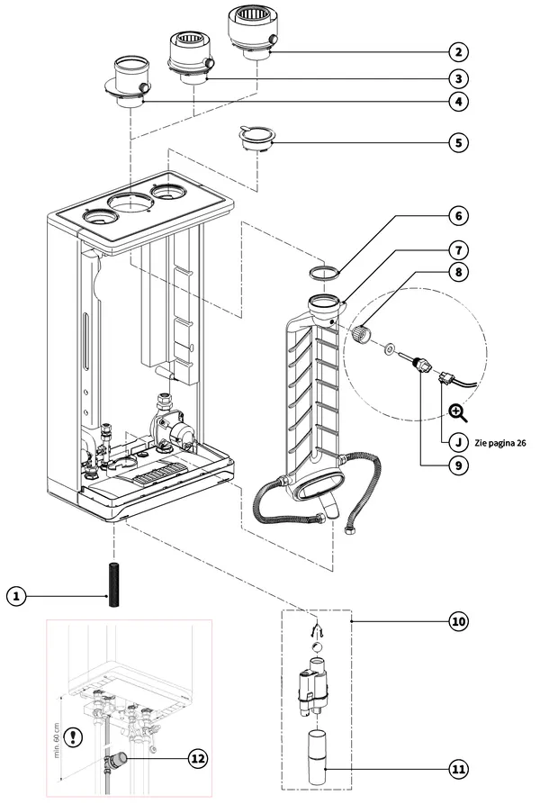 Exploded view Intergas Xtreme 36: Rookgas en condensafvoer