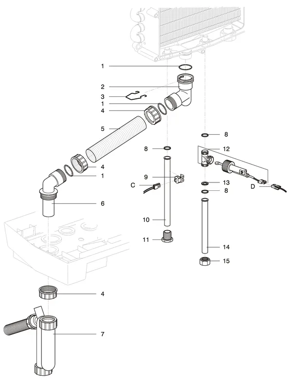 Exploded view Intergas Kombi Kompakt HR 28: Tapwaterzijdig condensafvoer tot augustu