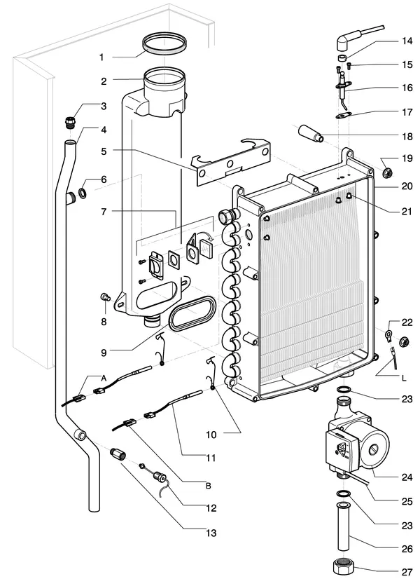 Exploded view Intergas Kombi Kompakt HR 28: Wisselaar rookgas waterzijdig tot august