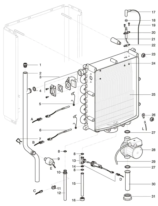 Exploded view Intergas Kombi Kompakt HRE 24/18: Wisselaar waterzijdig